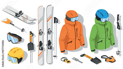 Winter sports gear collection featuring skis, jackets, and accessories in modern isometric design