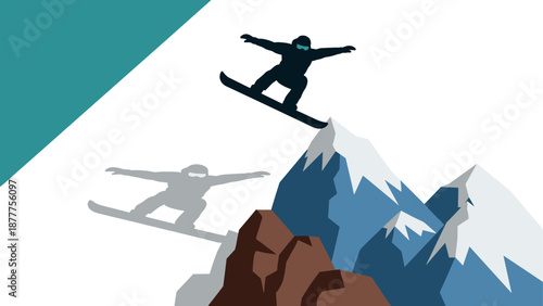 Dynamic snowboarder jumping over rocky mountain peaks in silhouette style
