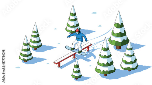 Snowboarder in winter wonderland with evergreen trees and snowy mountains