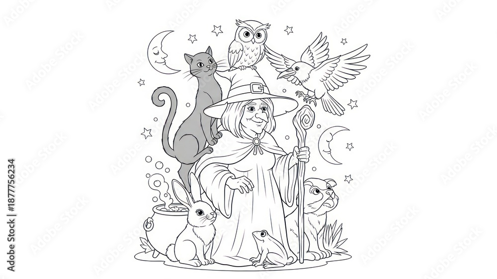 Fototapeta premium Enchanting witch surrounded by magical creatures and celestial elements