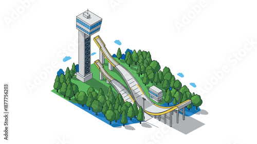 Isometric ski jump facility with trees and observation tower in nature setting