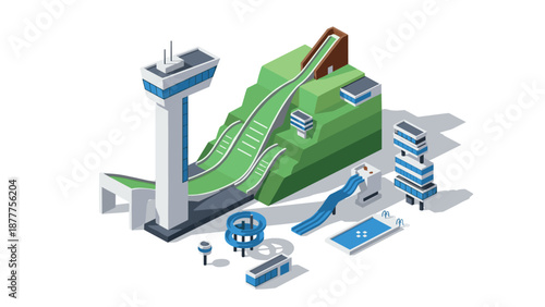 Modern isometric ski jump complex with green slope and observation tower