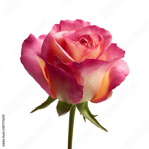 Cut-out photo of a pink rose flower. Garden rose flower isolated on transparent background.	