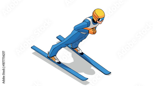 Isometric winter sports athlete gliding on skis in action pose