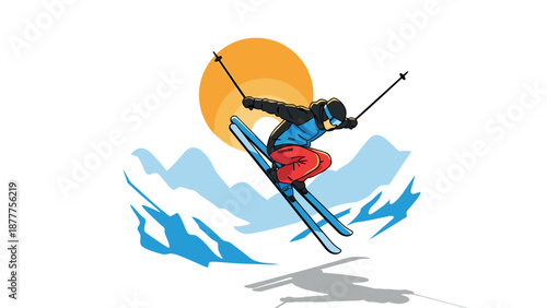 Dynamic winter sports adventure with skier jumping against mountain backdrop