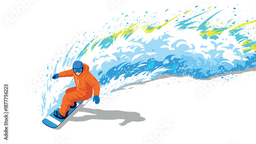 Colorful snowboarding splash with dynamic motion and energetic action