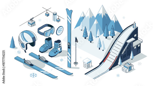 Isometric winter sports essentials and ski resort elements