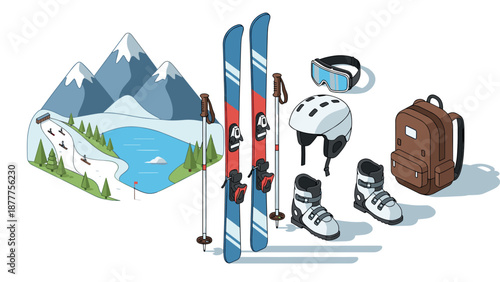 Winter sports gear and mountain scene: modern essentials for ski enthusiasts