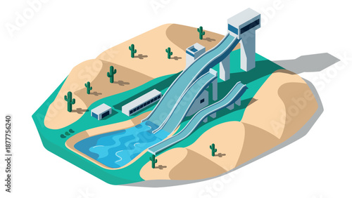 Isometric water park slide in desert oasis with cactus landscape