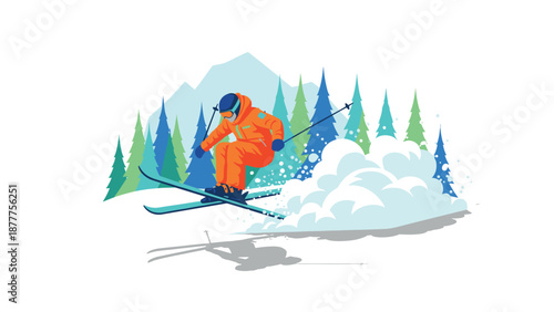 Dynamic winter sports adventure scene with skier in vibrant alpines