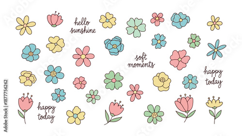 Floral Cheer: A vibrant array of hand-drawn flowers in cheerful colors, adorned with whimsical greetings, bringing a sense of joy and optimism to any scene.