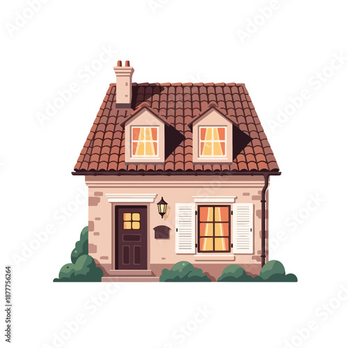 Illustration of a small house with a brown tiled roof and beige walls, featuring a chimney, brown door, and white shutters on a clean white background.