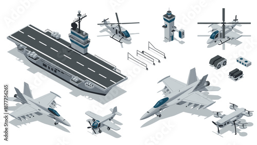 Isometric aircraft carrier and military aircraft set with helicopters and drones