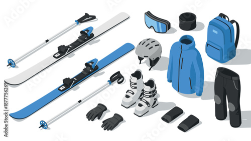 Winter sports gear in isometric style: skis, helmet, jacket, and accessories
