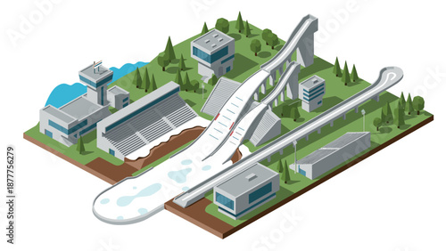 Modern isometric ski jumping facility with forest and buildings