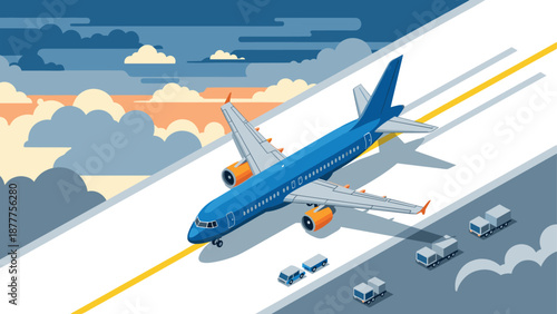 Commercial airplane taxiing on runway with cargo vehicles at sunset in flat style