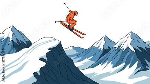Dynamic winter sports scene with skier jumping over snowy mountain peaks