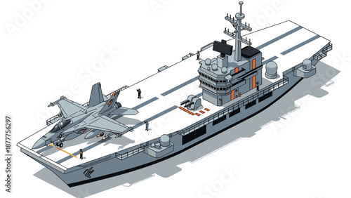 Modern isometric aircraft carrier with fighter jet and crew