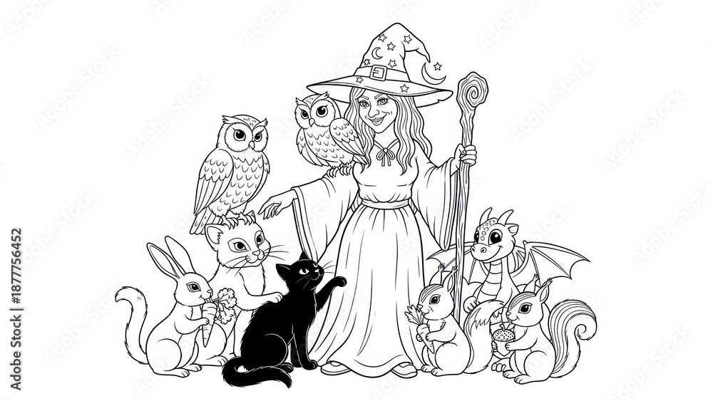 Obraz premium Enchanting witch surrounded by magical creatures in a whimsical illustration