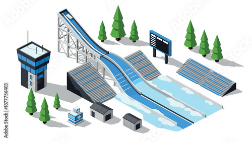 Isometric ski jump arena with grandstands and pine trees in winter landscape