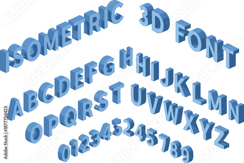 Isometric 3D font vector set with blue extruded alphabet letters and numbers for modern typography, branding and creative graphic design isolated on white background
