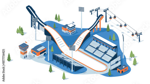 Winter sports park with ski jumping arena and cable cars in isometric blue and orange