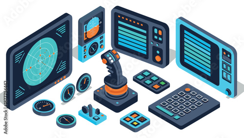 Isometric control panel with joystick and blue monitors in a futuristic setting