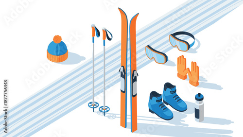 Winter sports gear in isometric style with ski equipment and accessories