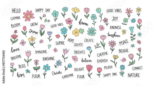 Blooming Inspirations: An artful assortment of delicate flowers and uplifting words gracefully combines, evoking an atmosphere of creativity and positivity. 
