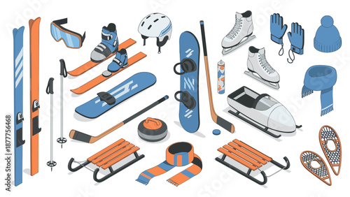 Isometric winter sports equipment collection for seasonal activities and outdoor fun