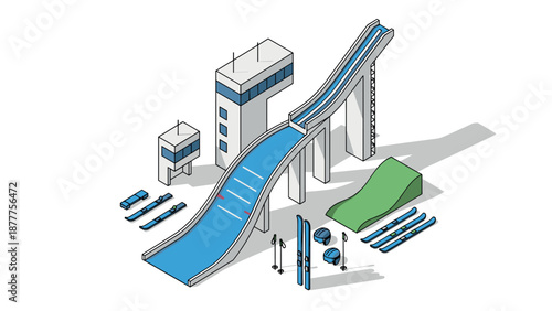 Isometric design of modern ski jump facility with equipment and structures