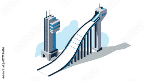 Isometric ski jump complex with control tower and ramp on cloudy background