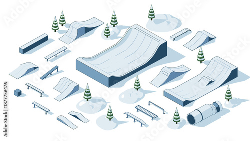 Isometric winter skate park with snowy ramps and pine trees in a minimalist design