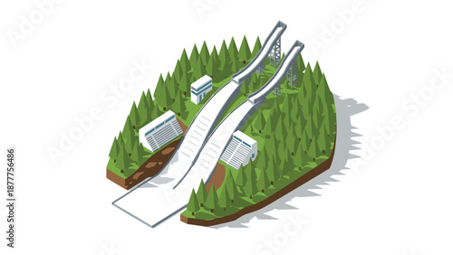 Isometric ski jumping hills in a forest setting with structures