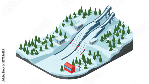 Isometric winter ski resort with jump ramps and snowy pine trees