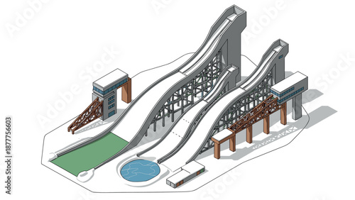 Winter sports complex with isometric ski jumping ramps and structures