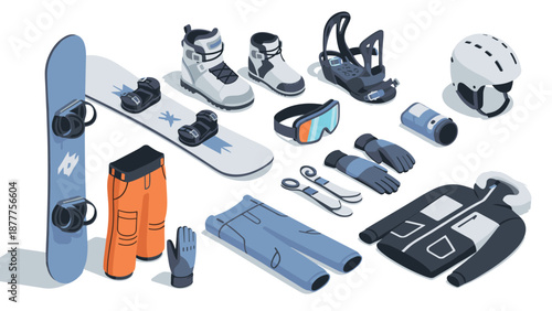 Essential snowboarding gear in modern 3d isometric style