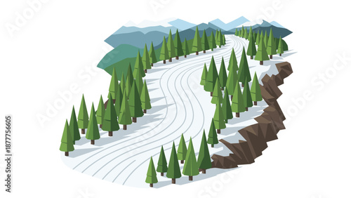 Curved snowy mountain path with pine trees in winter landscape