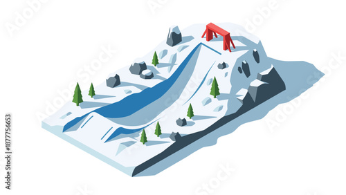Isometric winter ski jump with snowy landscape and red bridge