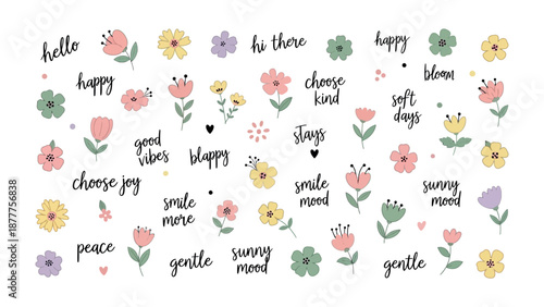 Floral Greetings: A vibrant arrangement of charming flowers and uplifting phrases, creating a delightful scene of positivity and well-being.