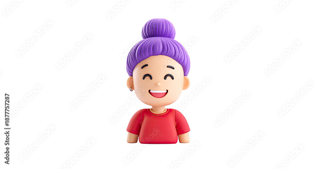 Fototapeta premium 3D Cartoon Character of Happy Young Woman with Purple Hair Wearing Red Shirt Isolated on Transparent Background