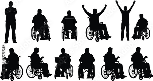 Disabled people silhouettes collection showing wheelchair users and standing poses, inclusion, accessibility, independence, diversity, empowerment concept isolated on white background