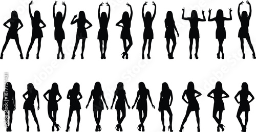 Fashion women silhouettes collection with dancing and posing female figures, stylish glamour lifestyle illustration isolated on white background design