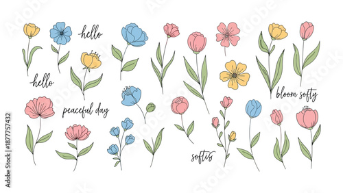 Botanical Watercolor Collection: A delicate array of watercolor flowers and leafy sprigs, each gracefully hand-painted with soft hues and elegant lines, evokes a sense of freshness and serenity.