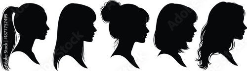 Female profile silhouettes collection showing different hairstyles and face shapes, elegant women side view portraits isolated on white background
