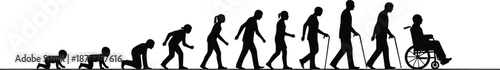 Human life cycle evolution silhouettes from baby crawling to elderly walking with cane and wheelchair, aging stages concept isolated illustration
