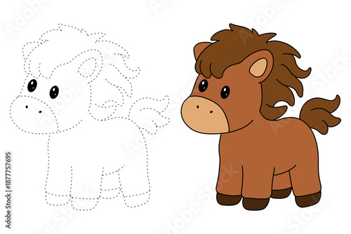 Horse coloring pages. Trace and color horse. Coloring page outline of cute horse. Wild animals horse coloring pages worksheets printable for kids, Kindergarten and preschool activity.