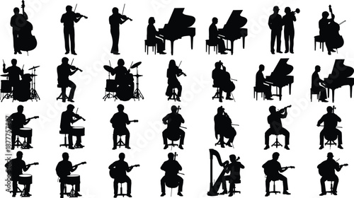 Musician silhouettes collection performing classical and modern instruments, orchestra players, band artists, live music performance concept isolated on white background