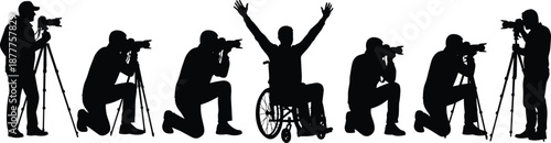 Photographer silhouettes working with cameras and tripods, including wheelchair photographer celebrating success, inclusive professional photography concept isolated on white background