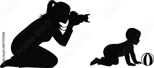 Silhouette photographer capturing crawling baby with ball, parent documenting precious childhood moments, family photography concept isolated on white background